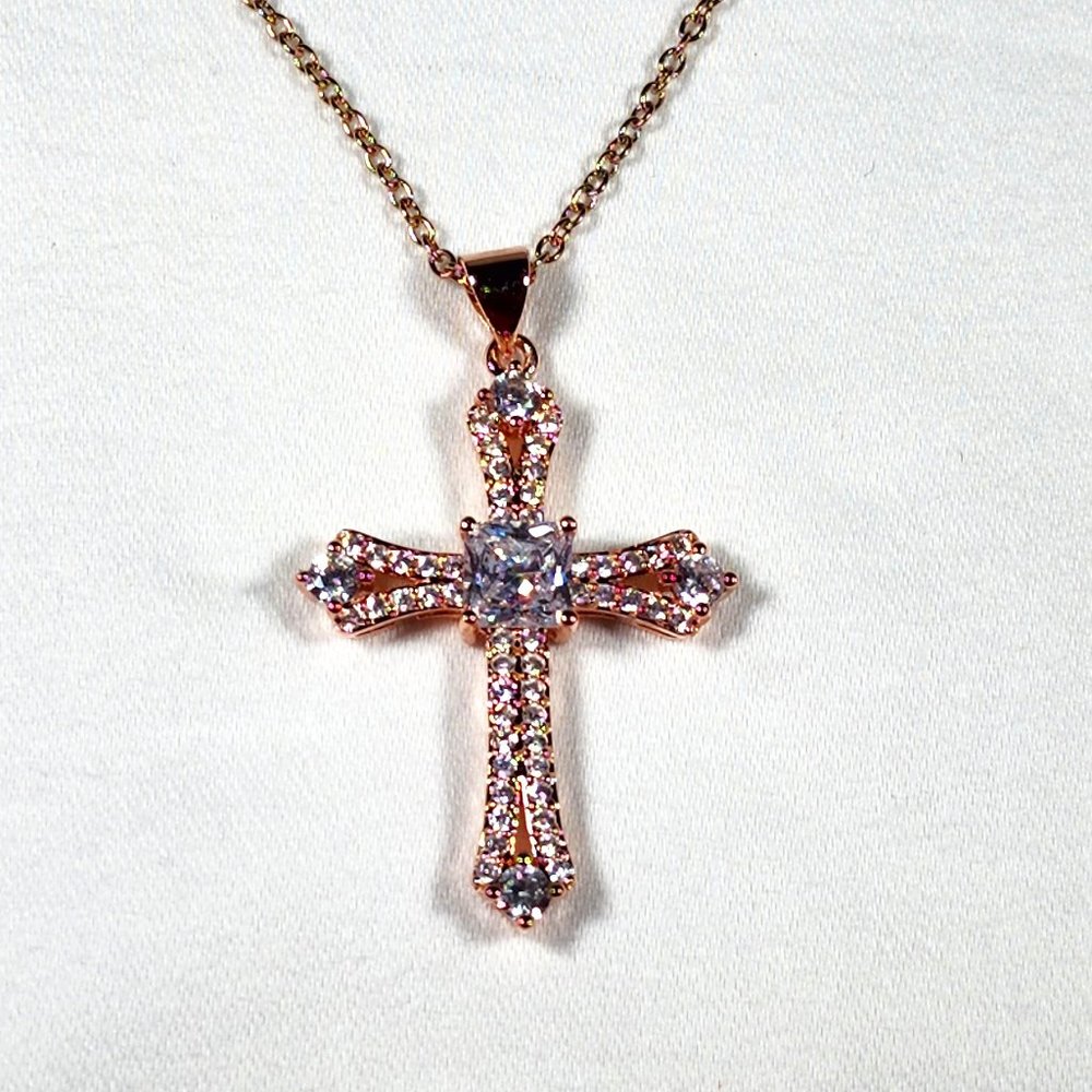 SOLD!  Cubic Zirconia Cross Pendant in 14K Rose Gold over 316L Stainless Steel